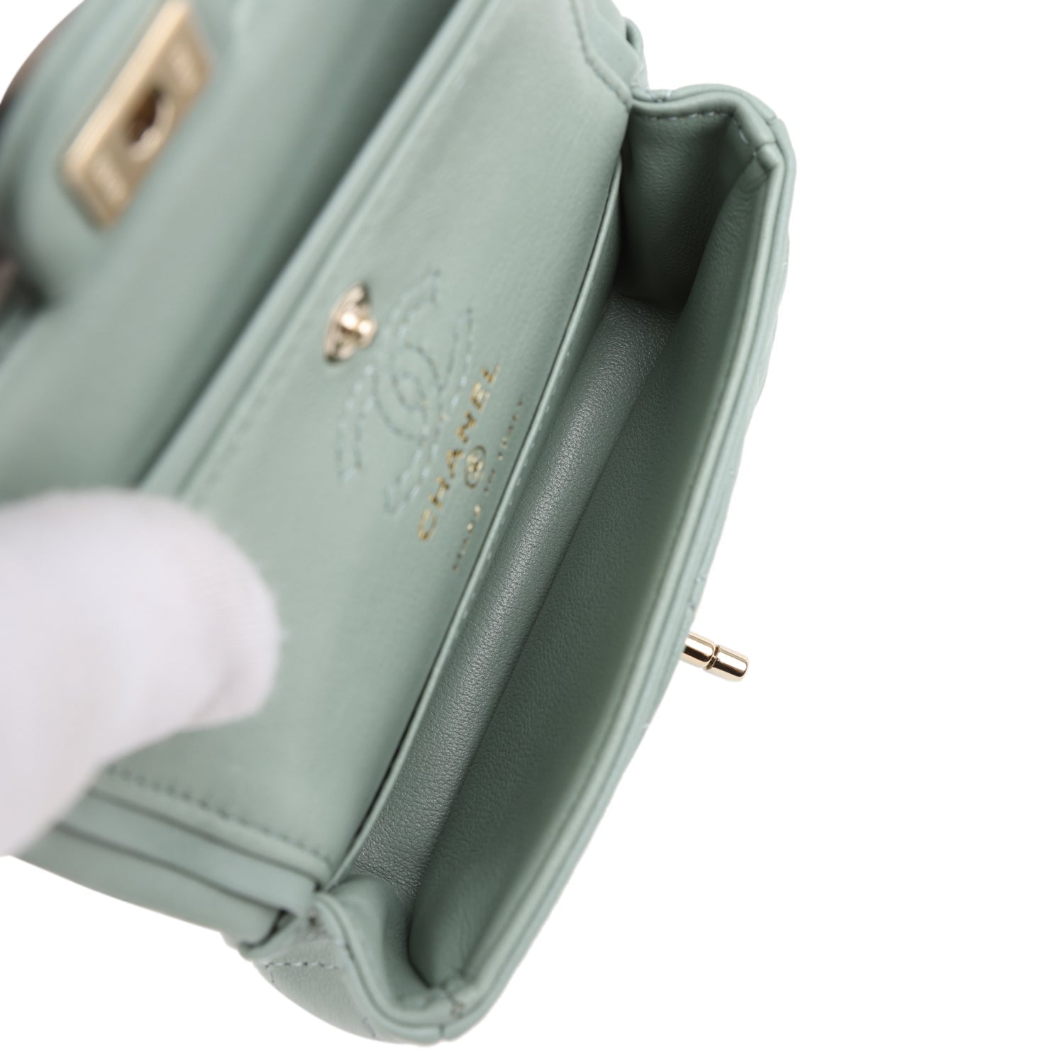 Nano Classic Double Flap Bag Charm Dark Green Lambskin Light Gold Hardware