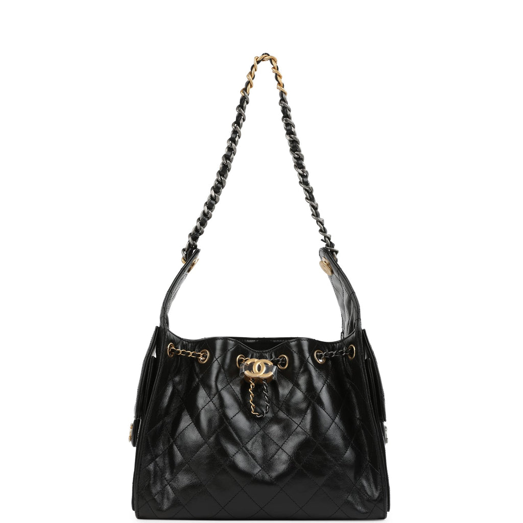 Small 25 Hobo Bag Black Shiny Crumpled Calfskin Mixed Metal Hardware