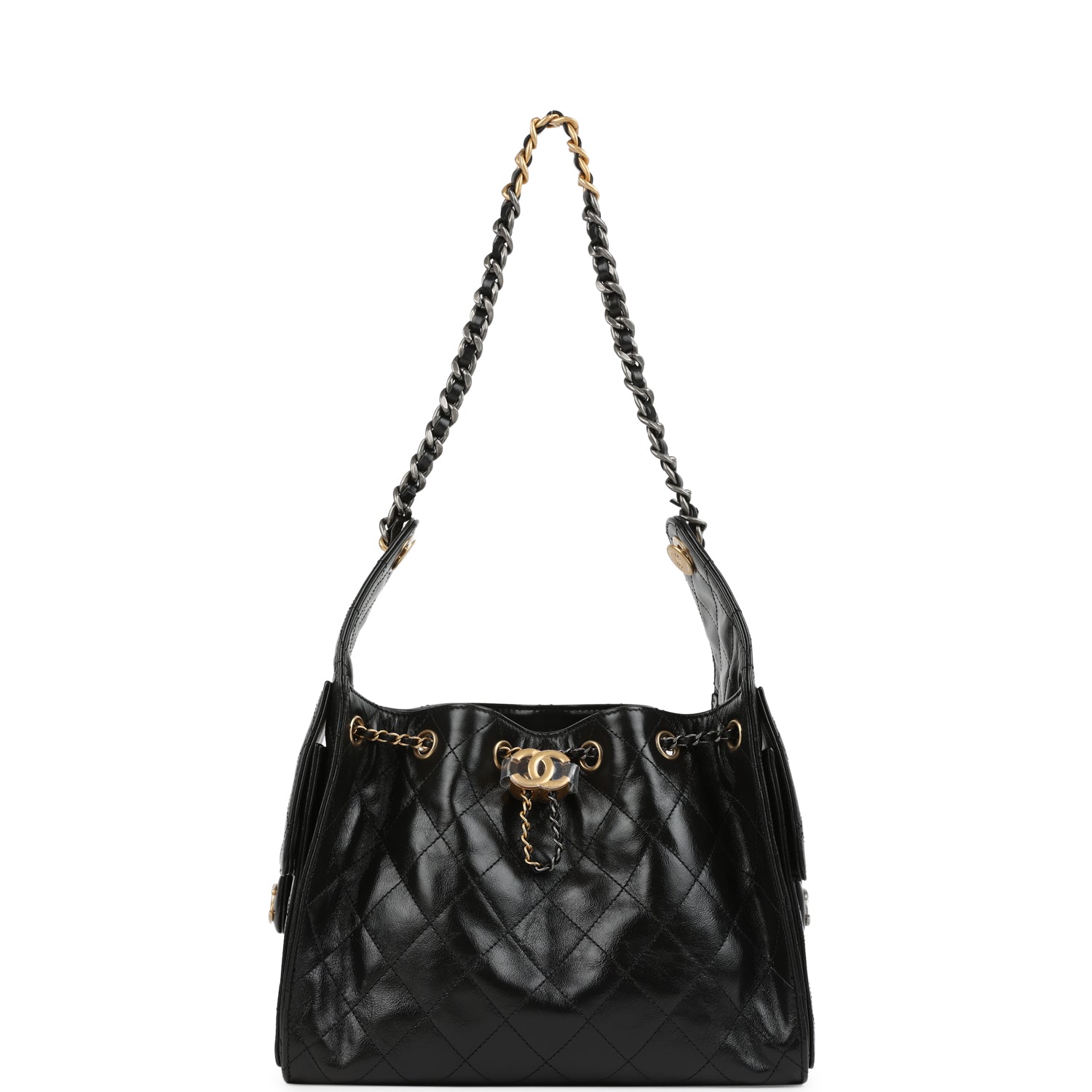 Small 25 Hobo Bag Black Shiny Crumpled Calfskin Mixed Metal Hardware