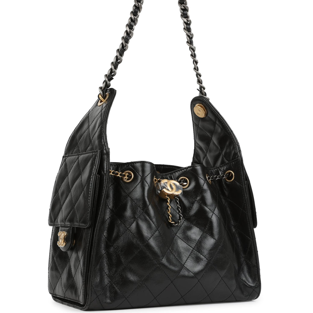 Small 25 Hobo Bag Black Shiny Crumpled Calfskin Mixed Metal Hardware