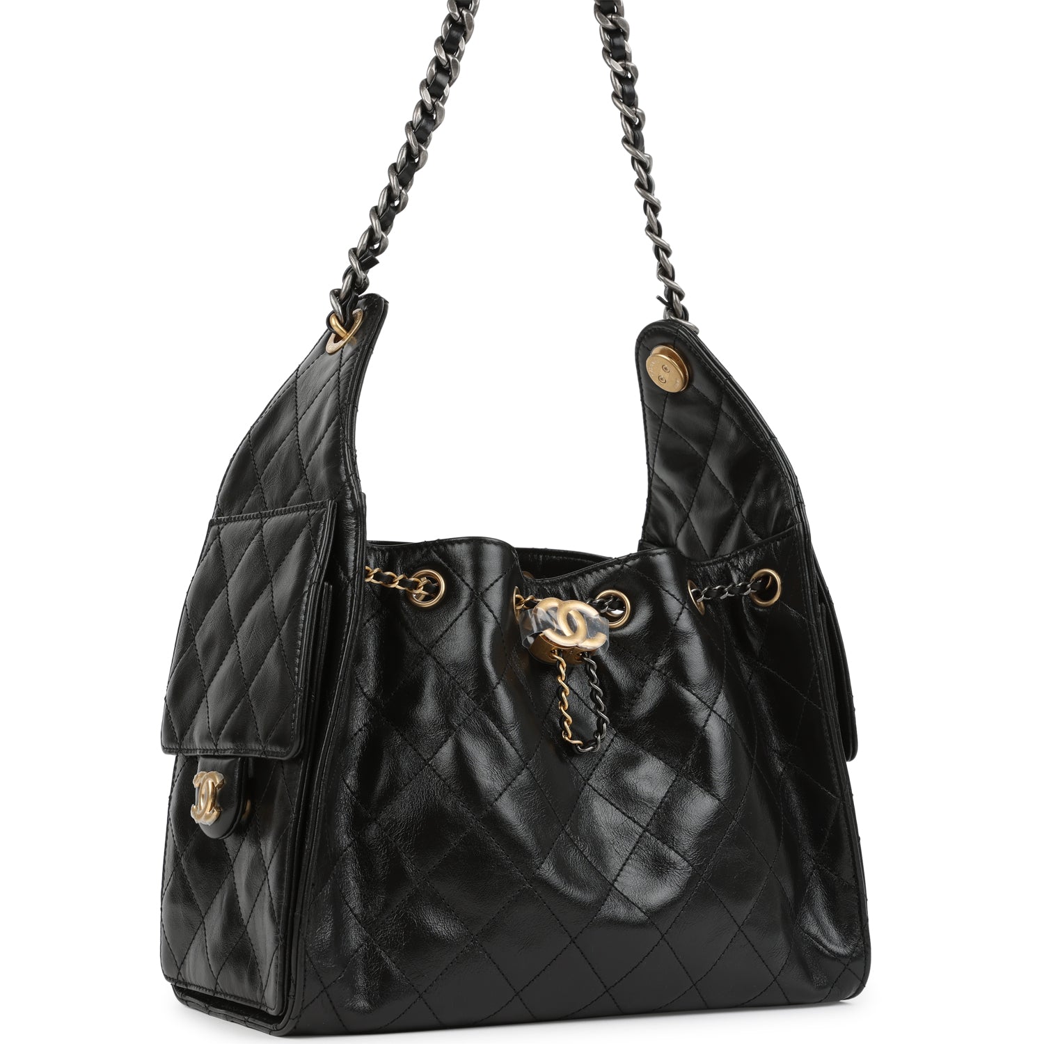 Small 25 Hobo Bag Black Shiny Crumpled Calfskin Mixed Metal Hardware