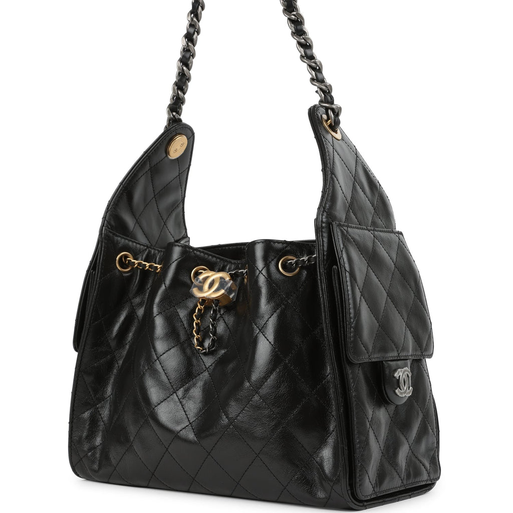 Small 25 Hobo Bag Black Shiny Crumpled Calfskin Mixed Metal Hardware