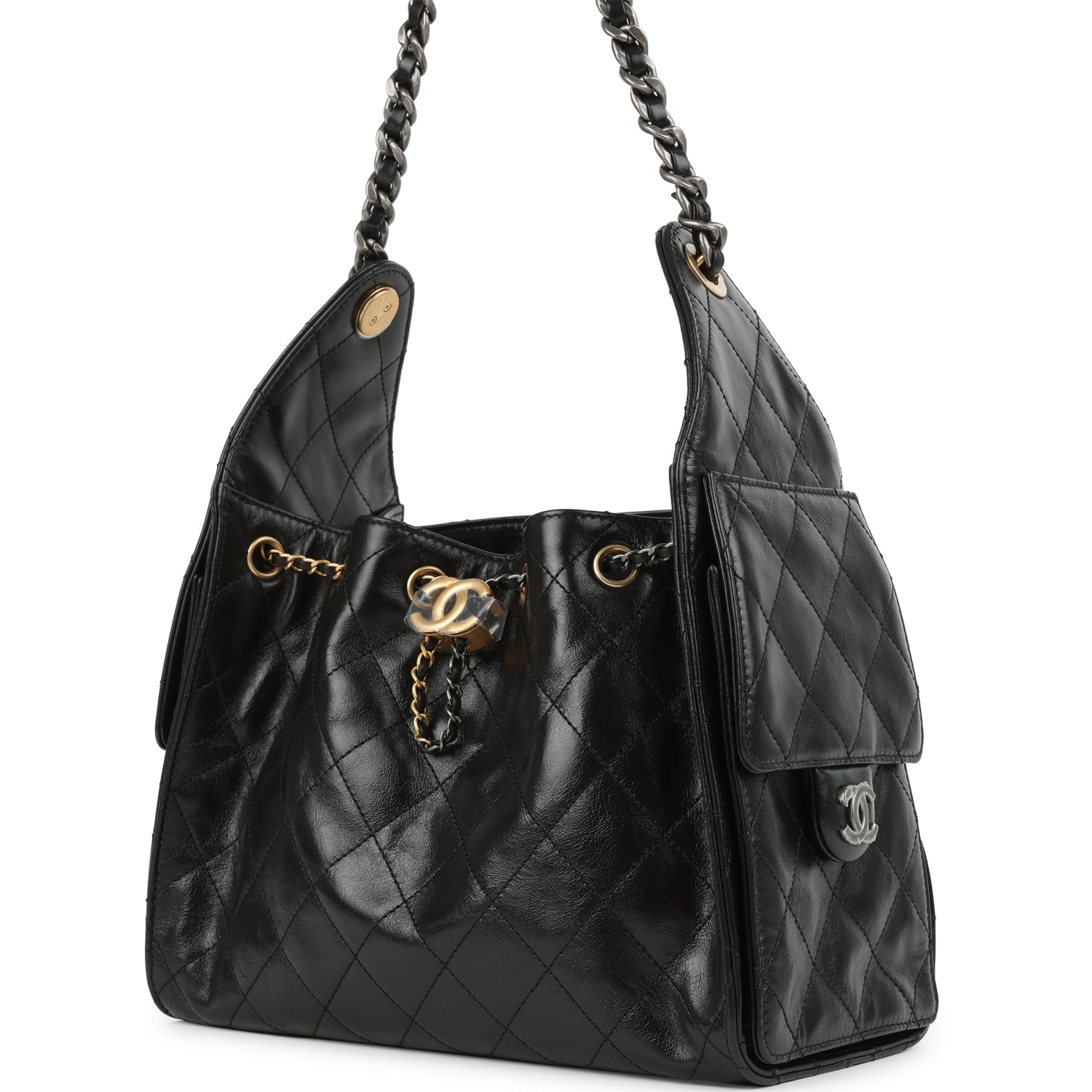 Small 25 Hobo Bag Black Shiny Crumpled Calfskin Mixed Metal Hardware