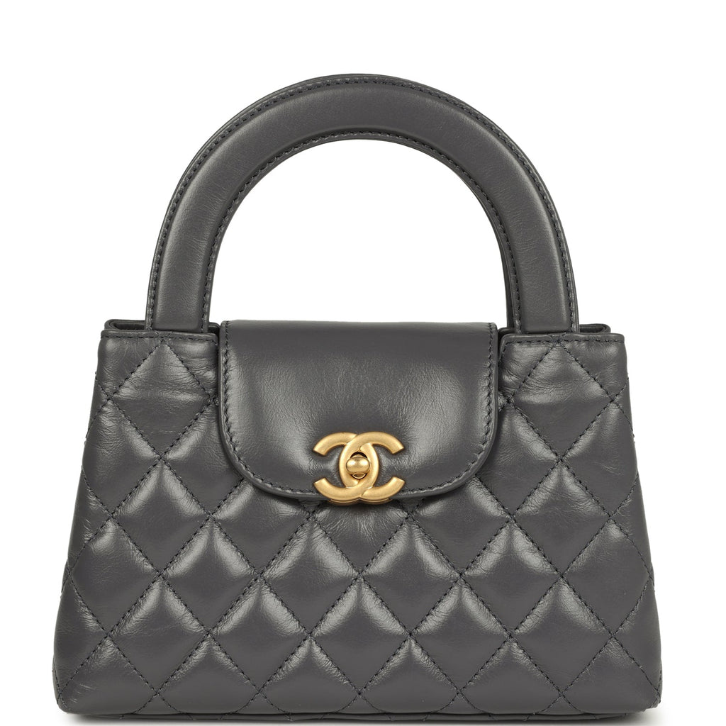 Small Kelly Shopper Grey Shiny Aged Calfskin Brushed Gold Hardware