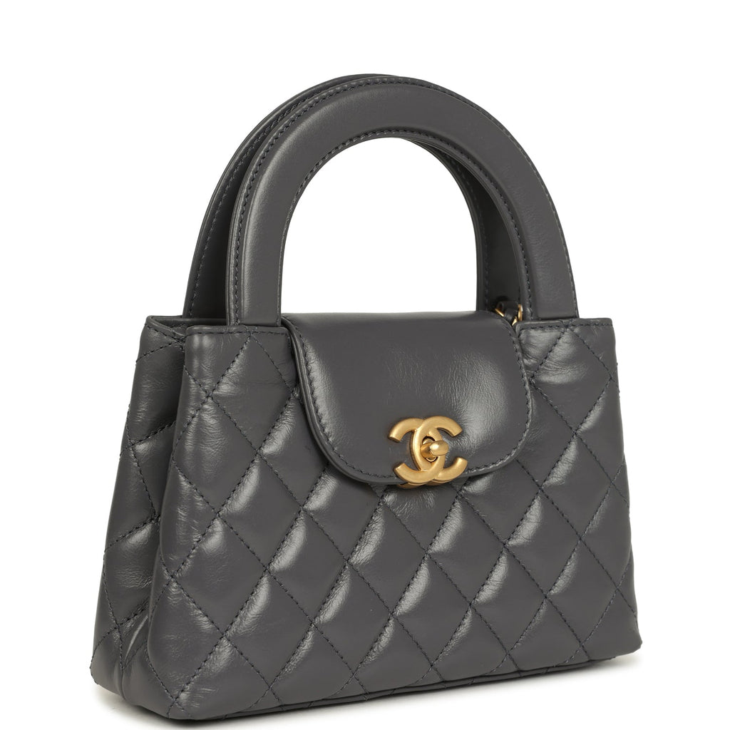 Small Kelly Shopper Grey Shiny Aged Calfskin Brushed Gold Hardware