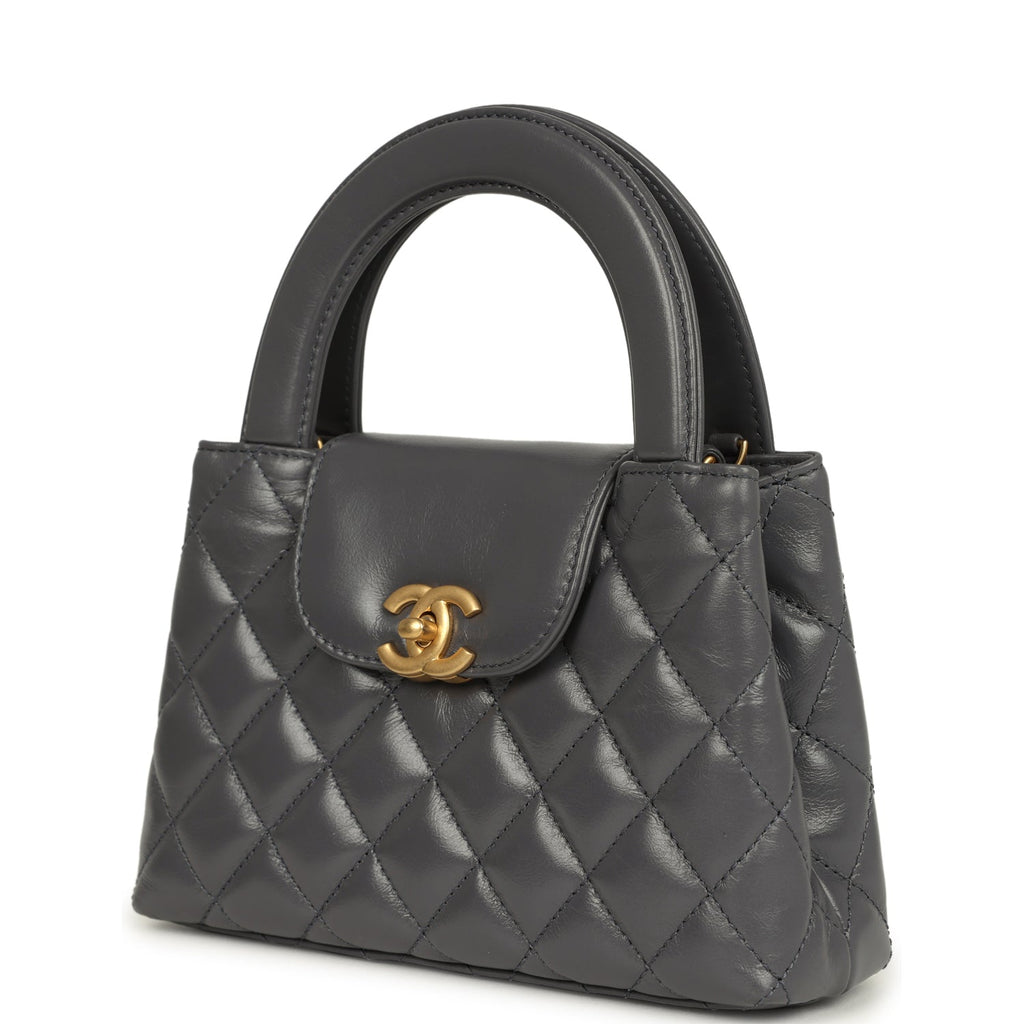 Small Kelly Shopper Grey Shiny Aged Calfskin Brushed Gold Hardware