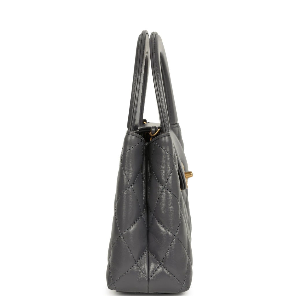 Small Kelly Shopper Grey Shiny Aged Calfskin Brushed Gold Hardware