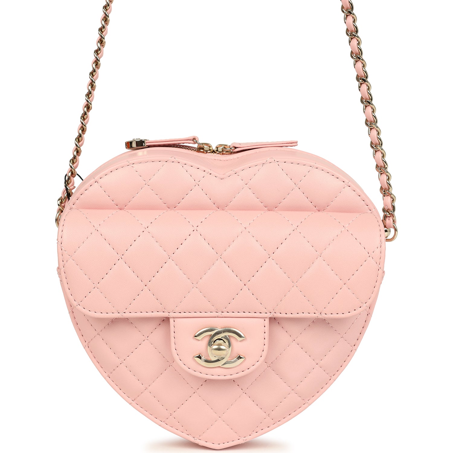 CC In Love Large Heart Bag with Chain Light Pink Lambskin Light Gold Hardware