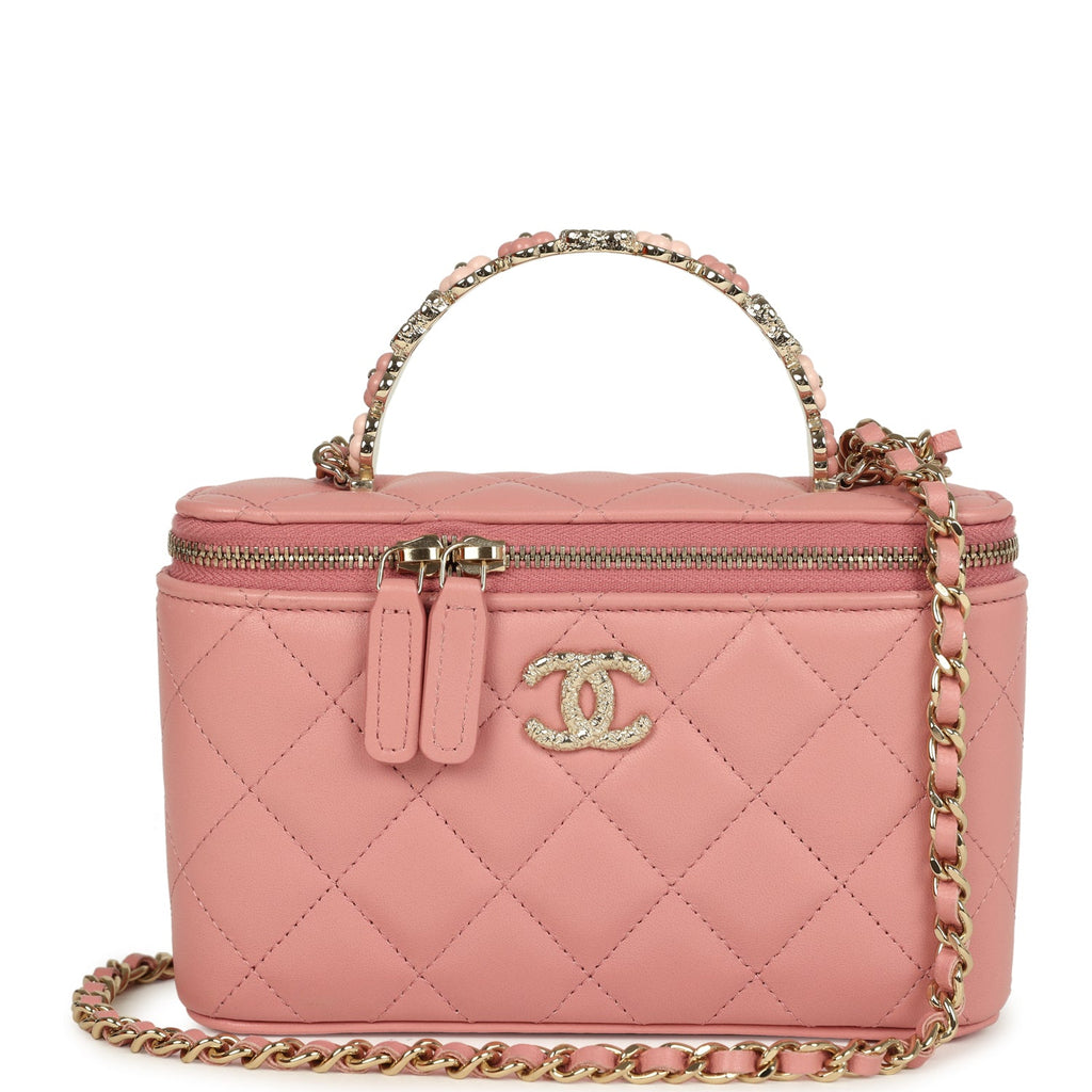 Flower Top Handle Long Vanity Case with Chain Pink Lambskin Light Gold Hardware