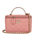 Flower Top Handle Long Vanity Case with Chain Pink Lambskin Light Gold Hardware