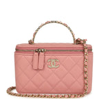 Flower Top Handle Long Vanity Case with Chain Pink Lambskin Light Gold Hardware