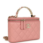 Flower Top Handle Long Vanity Case with Chain Pink Lambskin Light Gold Hardware
