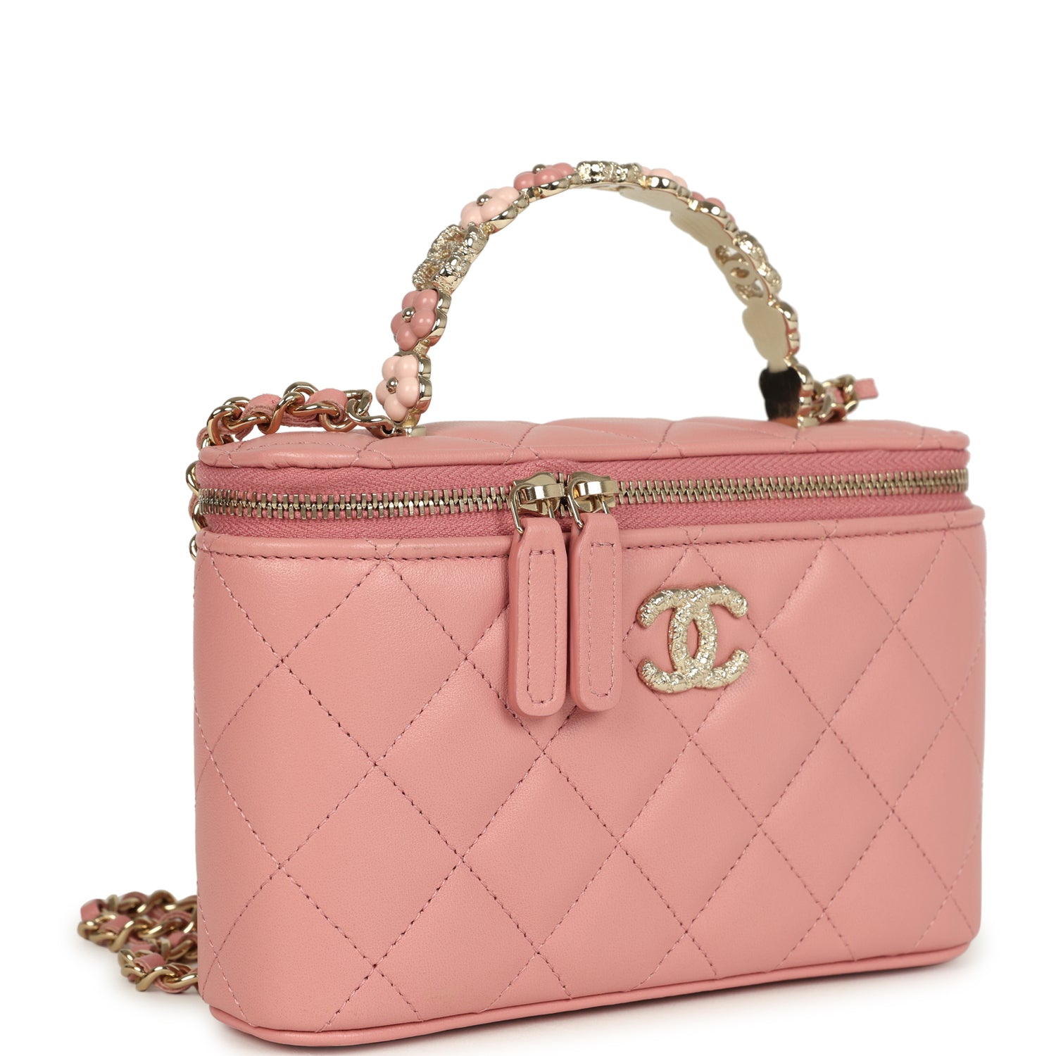 Flower Top Handle Long Vanity Case with Chain Pink Lambskin Light Gold Hardware