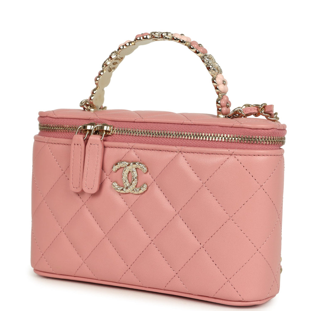 Flower Top Handle Long Vanity Case with Chain Pink Lambskin Light Gold Hardware