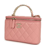 Flower Top Handle Long Vanity Case with Chain Pink Lambskin Light Gold Hardware