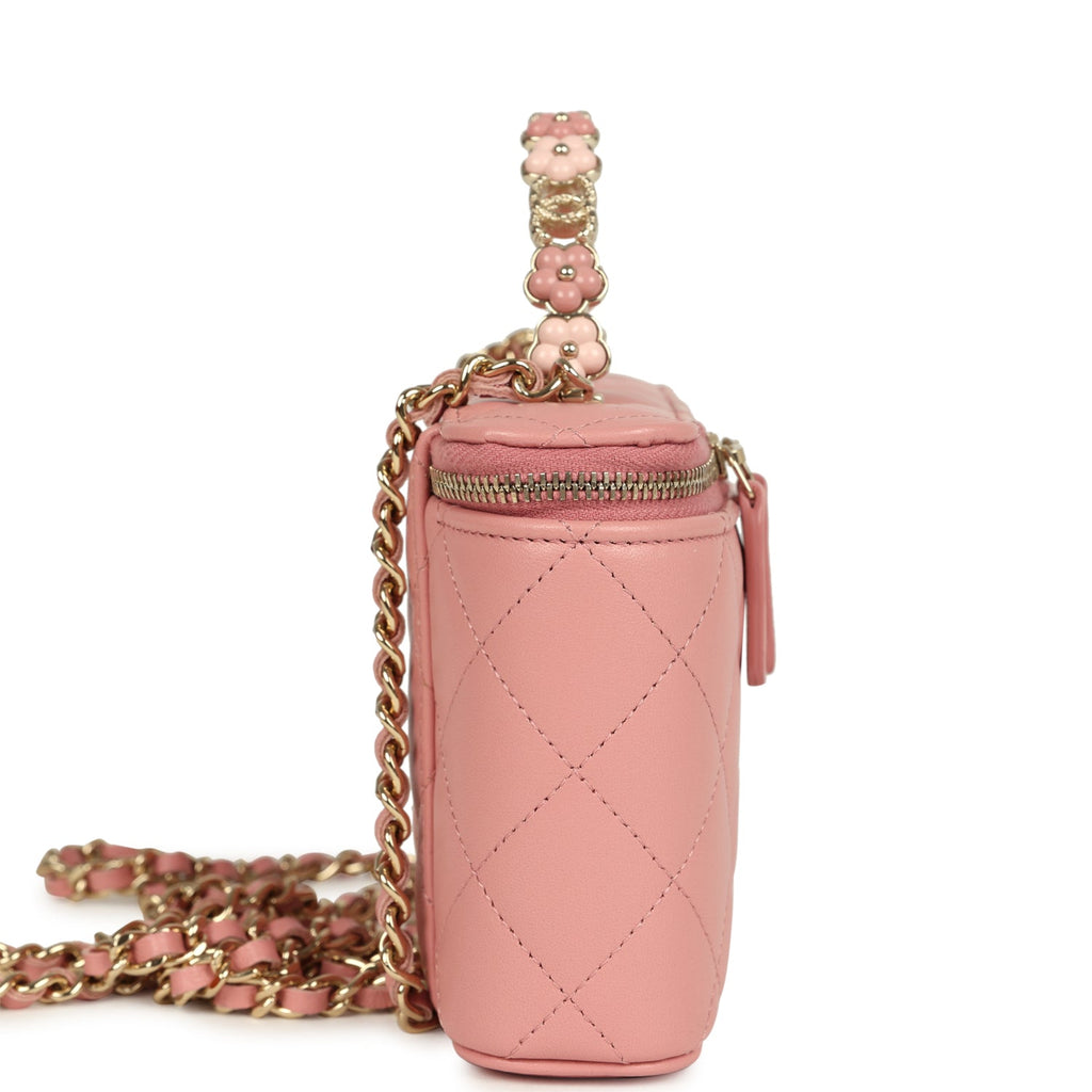 Flower Top Handle Long Vanity Case with Chain Pink Lambskin Light Gold Hardware