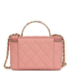 Flower Top Handle Long Vanity Case with Chain Pink Lambskin Light Gold Hardware