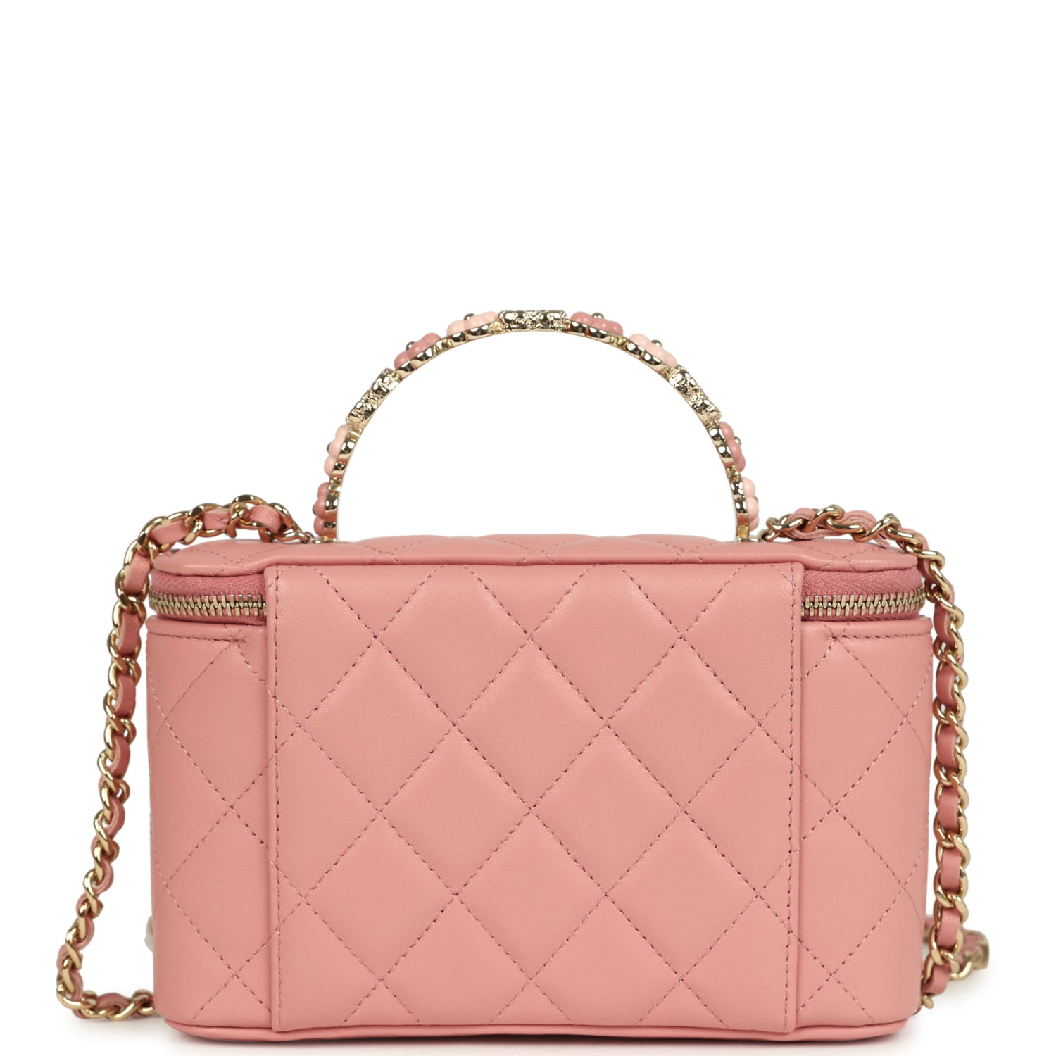 Flower Top Handle Long Vanity Case with Chain Pink Lambskin Light Gold Hardware