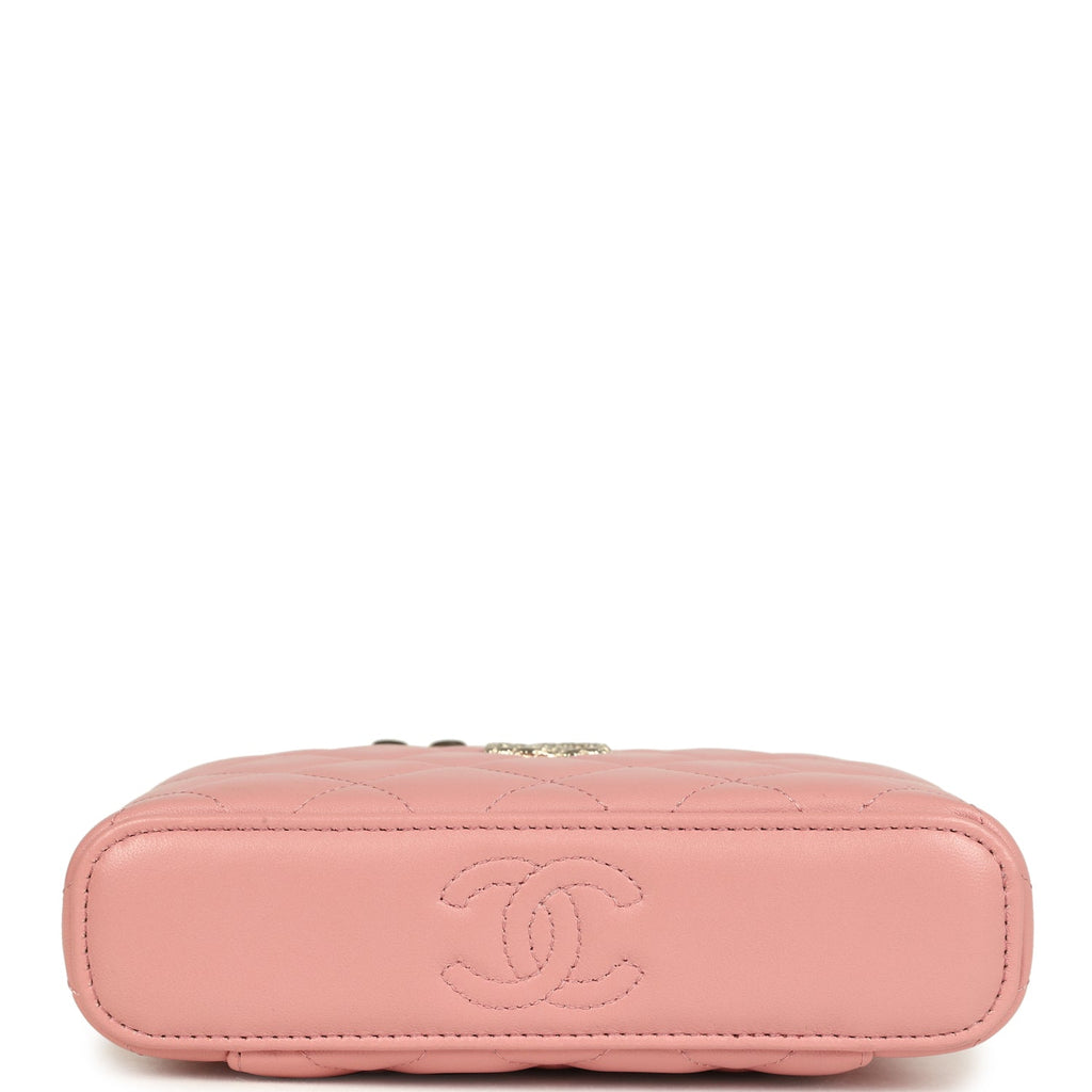 Flower Top Handle Long Vanity Case with Chain Pink Lambskin Light Gold Hardware