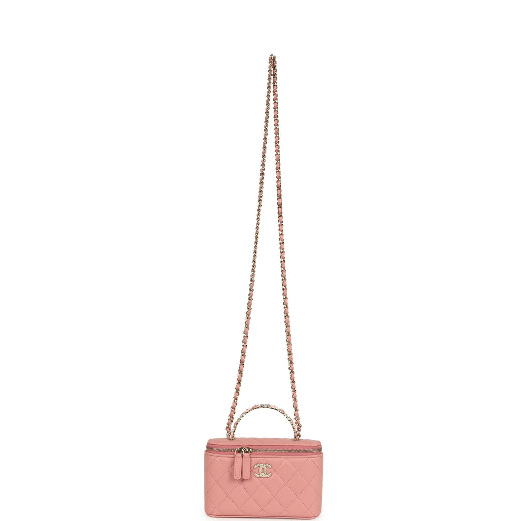 Flower Top Handle Long Vanity Case with Chain Pink Lambskin Light Gold Hardware