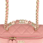Flower Top Handle Long Vanity Case with Chain Pink Lambskin Light Gold Hardware