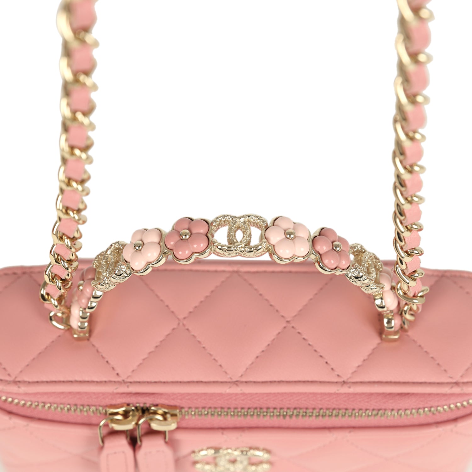Flower Top Handle Long Vanity Case with Chain Pink Lambskin Light Gold Hardware