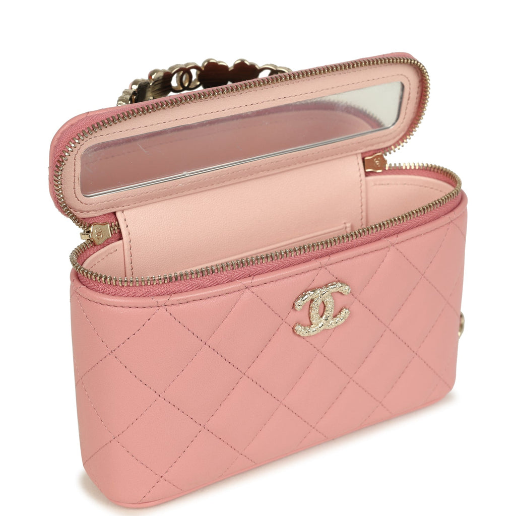 Flower Top Handle Long Vanity Case with Chain Pink Lambskin Light Gold Hardware