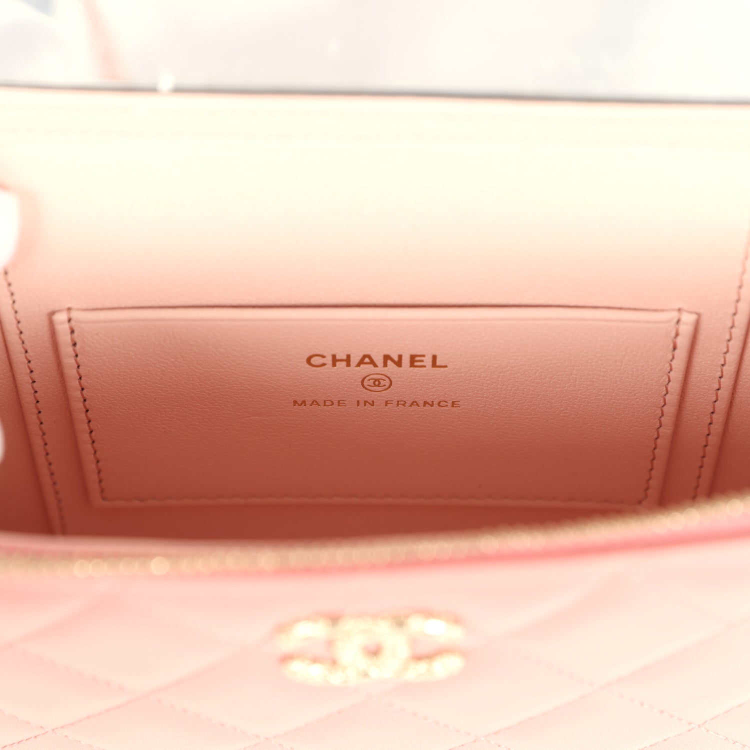Flower Top Handle Long Vanity Case with Chain Pink Lambskin Light Gold Hardware