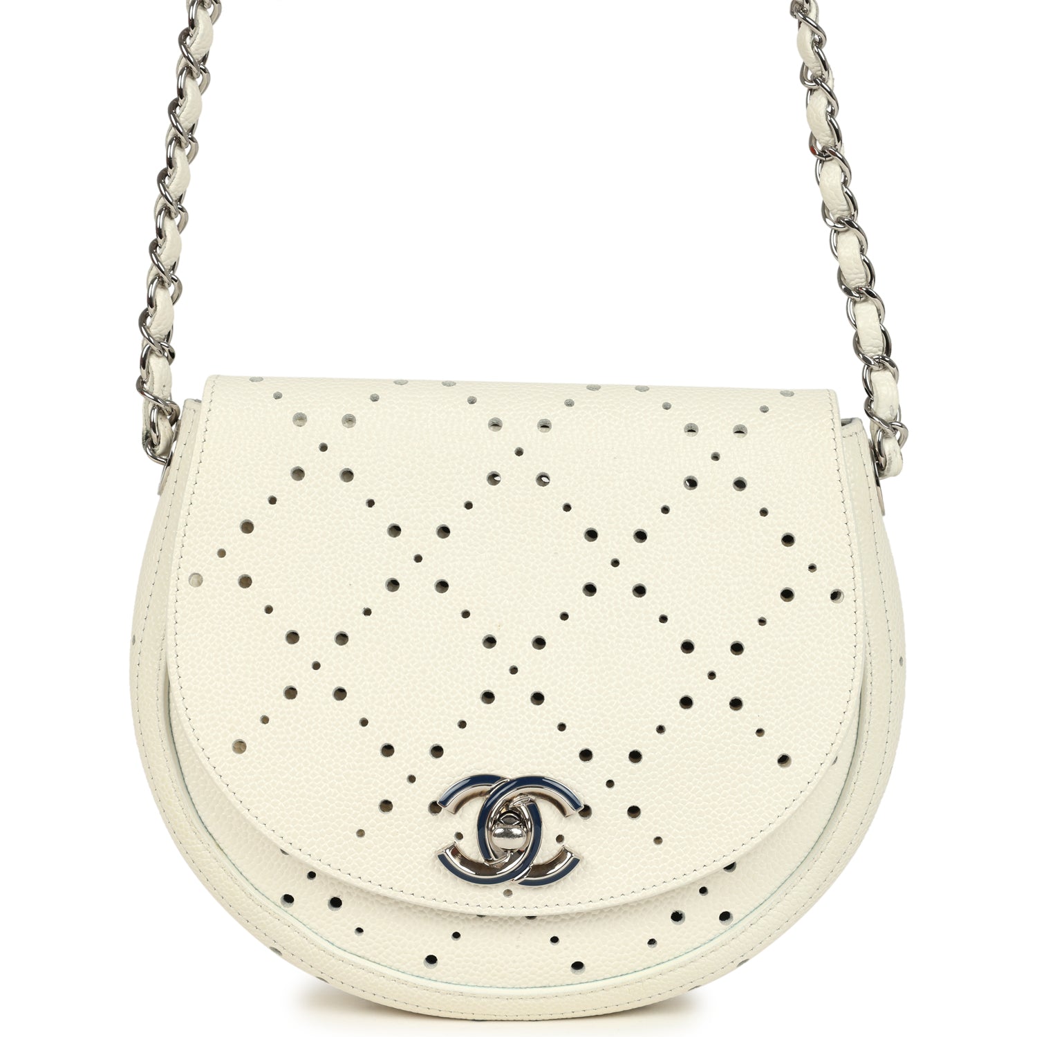 Perforated Messenger Bag White Caviar Silver Hardware