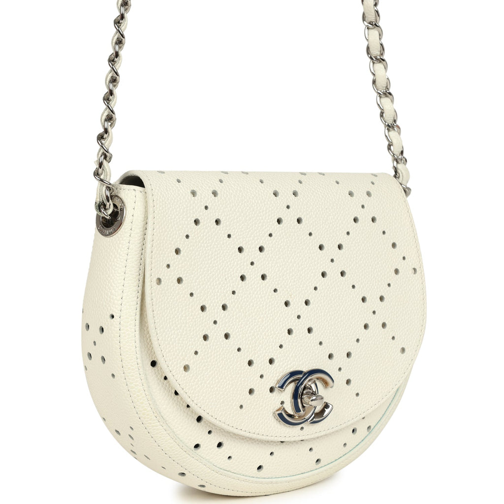 Perforated Messenger Bag White Caviar Silver Hardware
