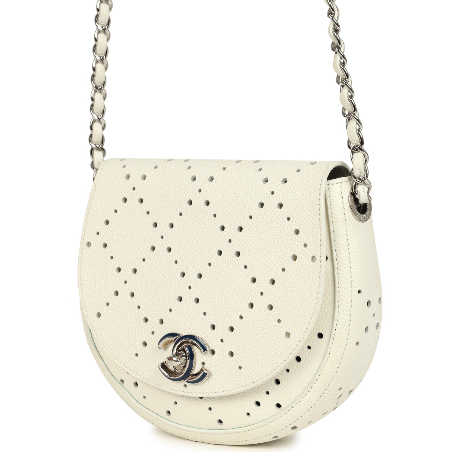Perforated Messenger Bag White Caviar Silver Hardware