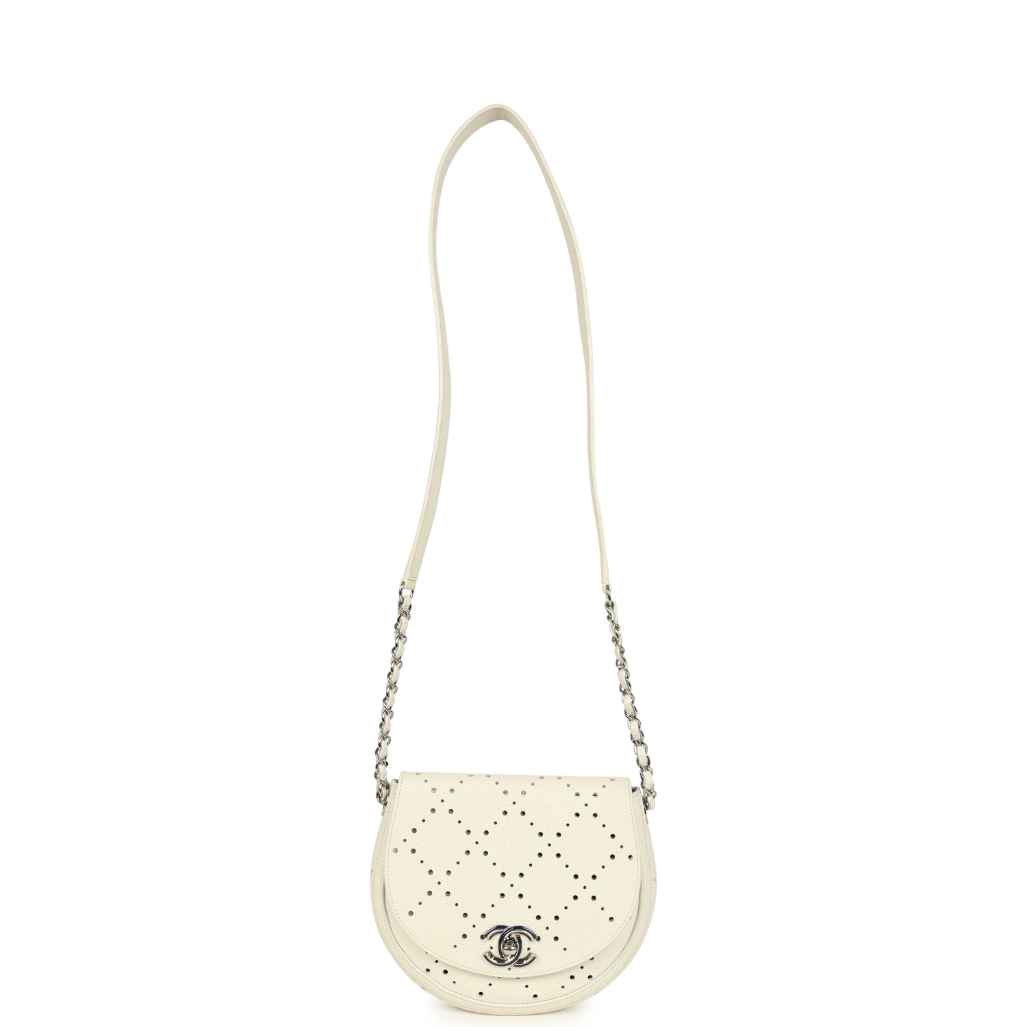 Perforated Messenger Bag White Caviar Silver Hardware