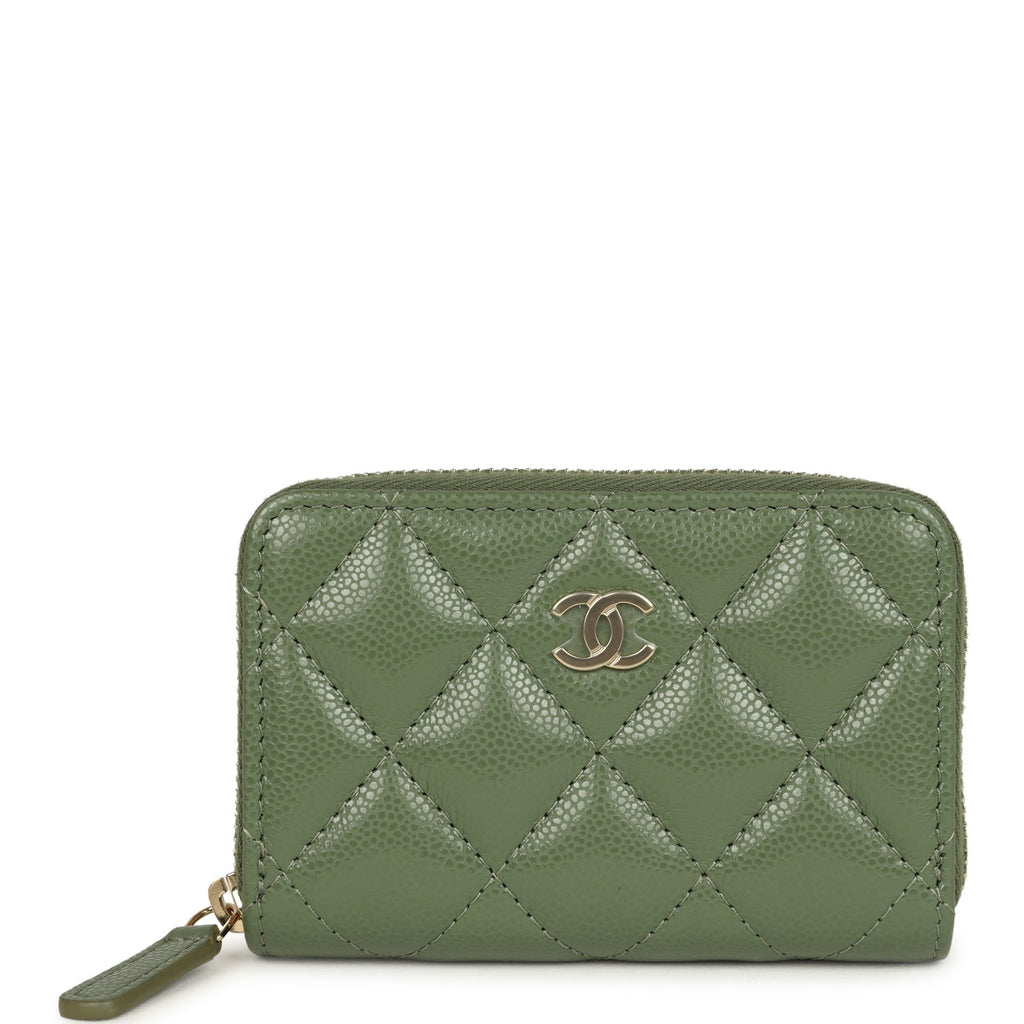 Classic Zipped Coin Purse Wallet Khaki Shiny Caviar Light Gold Hardware