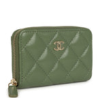 Classic Zipped Coin Purse Wallet Khaki Shiny Caviar Light Gold Hardware