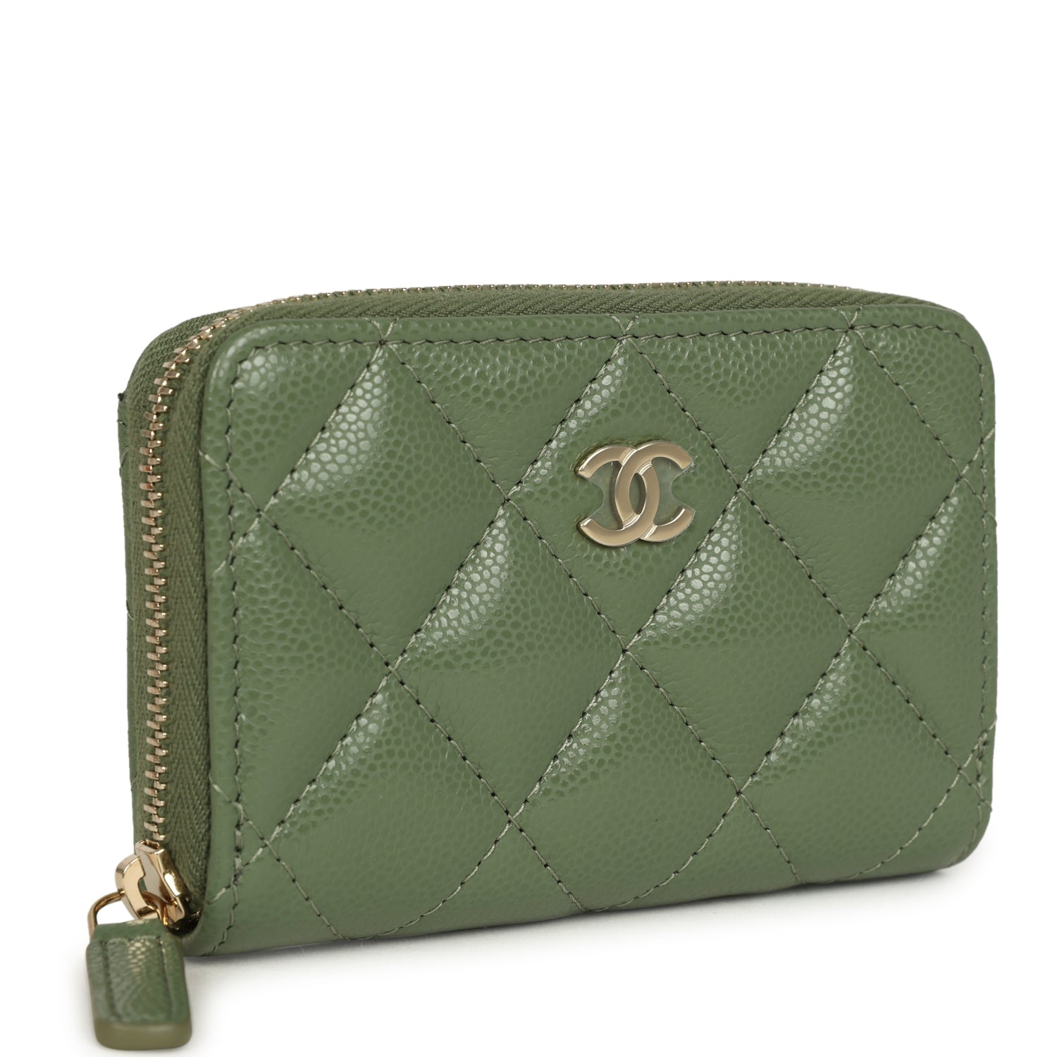 Classic Zipped Coin Purse Wallet Khaki Shiny Caviar Light Gold Hardware