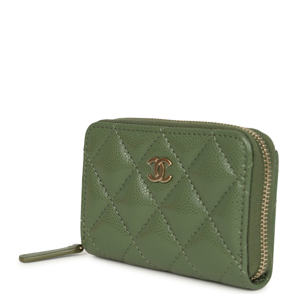 Classic Zipped Coin Purse Wallet Khaki Shiny Caviar Light Gold Hardware