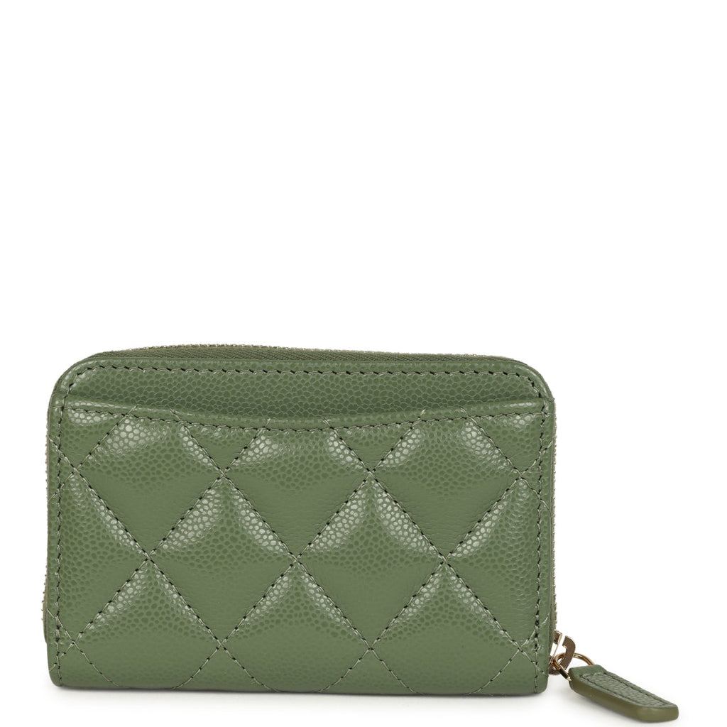Classic Zipped Coin Purse Wallet Khaki Shiny Caviar Light Gold Hardware