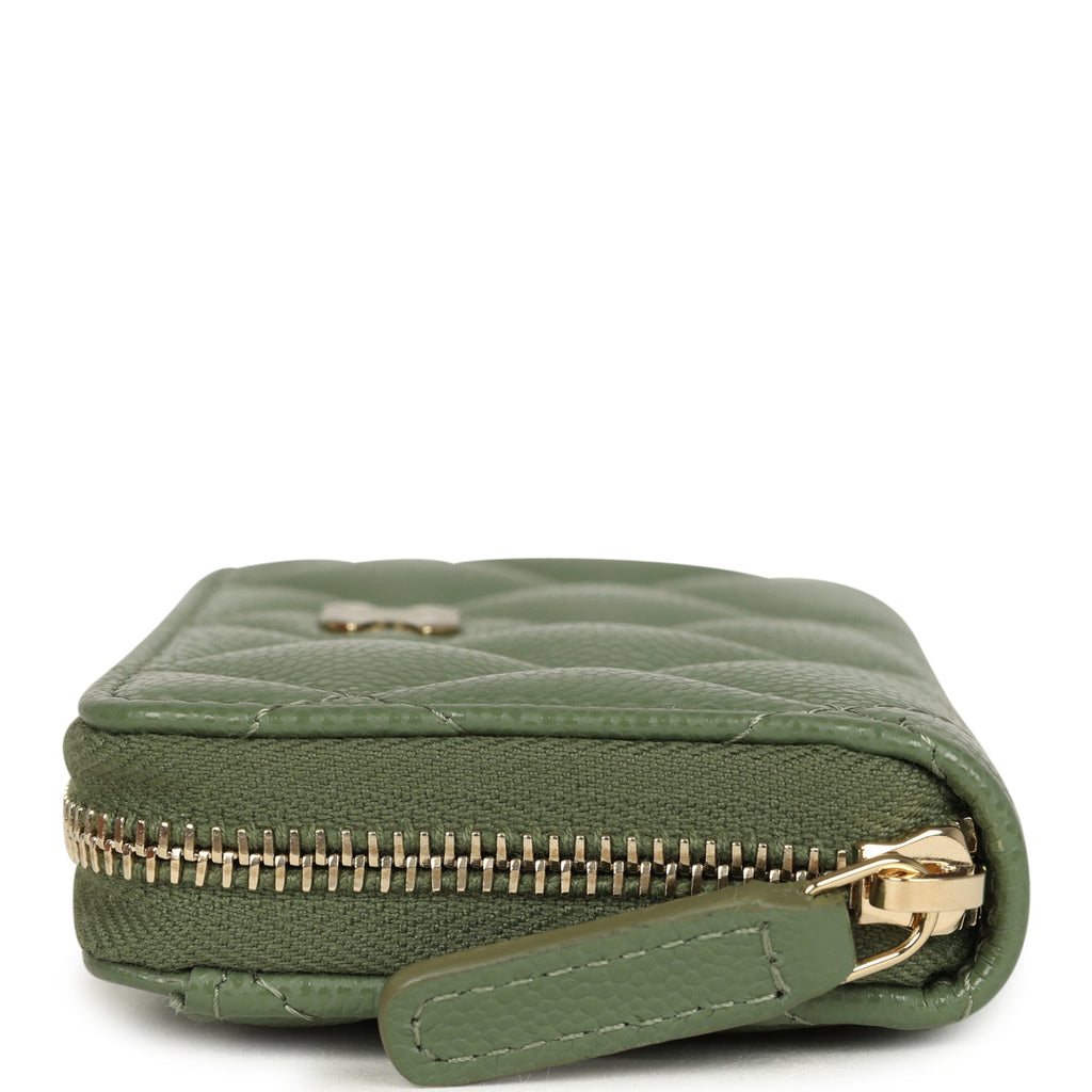 Classic Zipped Coin Purse Wallet Khaki Shiny Caviar Light Gold Hardware