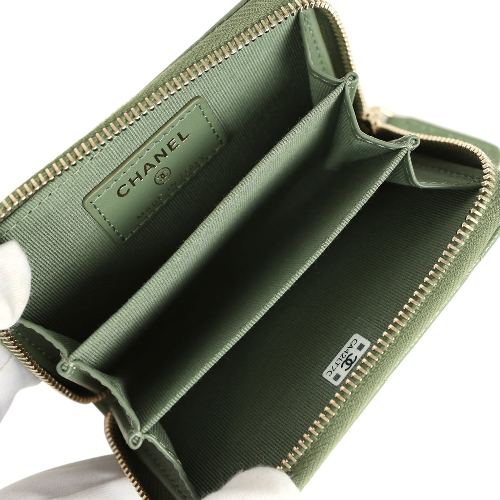 Classic Zipped Coin Purse Wallet Khaki Shiny Caviar Light Gold Hardware