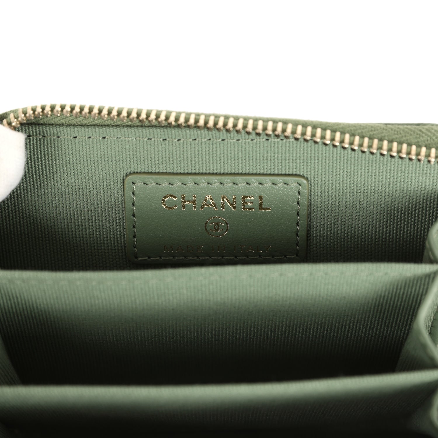 Classic Zipped Coin Purse Wallet Khaki Shiny Caviar Light Gold Hardware