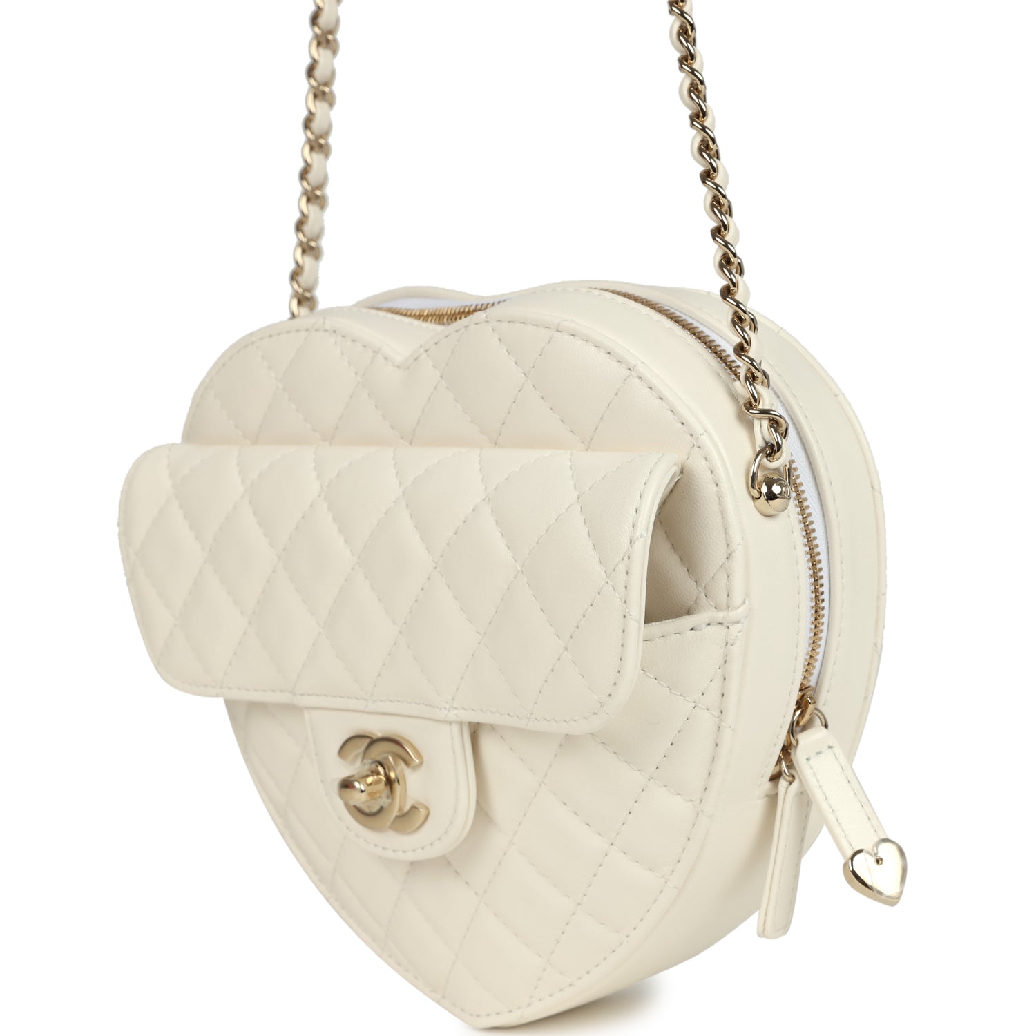 CC In Love Large Heart Bag with Chain White Lambskin Light Gold Hardware