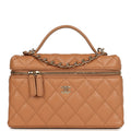 Top Handle Long Vanity Case with Chain Dark Beige Shiny Caviar Light Gold Hardware