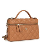 Top Handle Long Vanity Case with Chain Dark Beige Shiny Caviar Light Gold Hardware