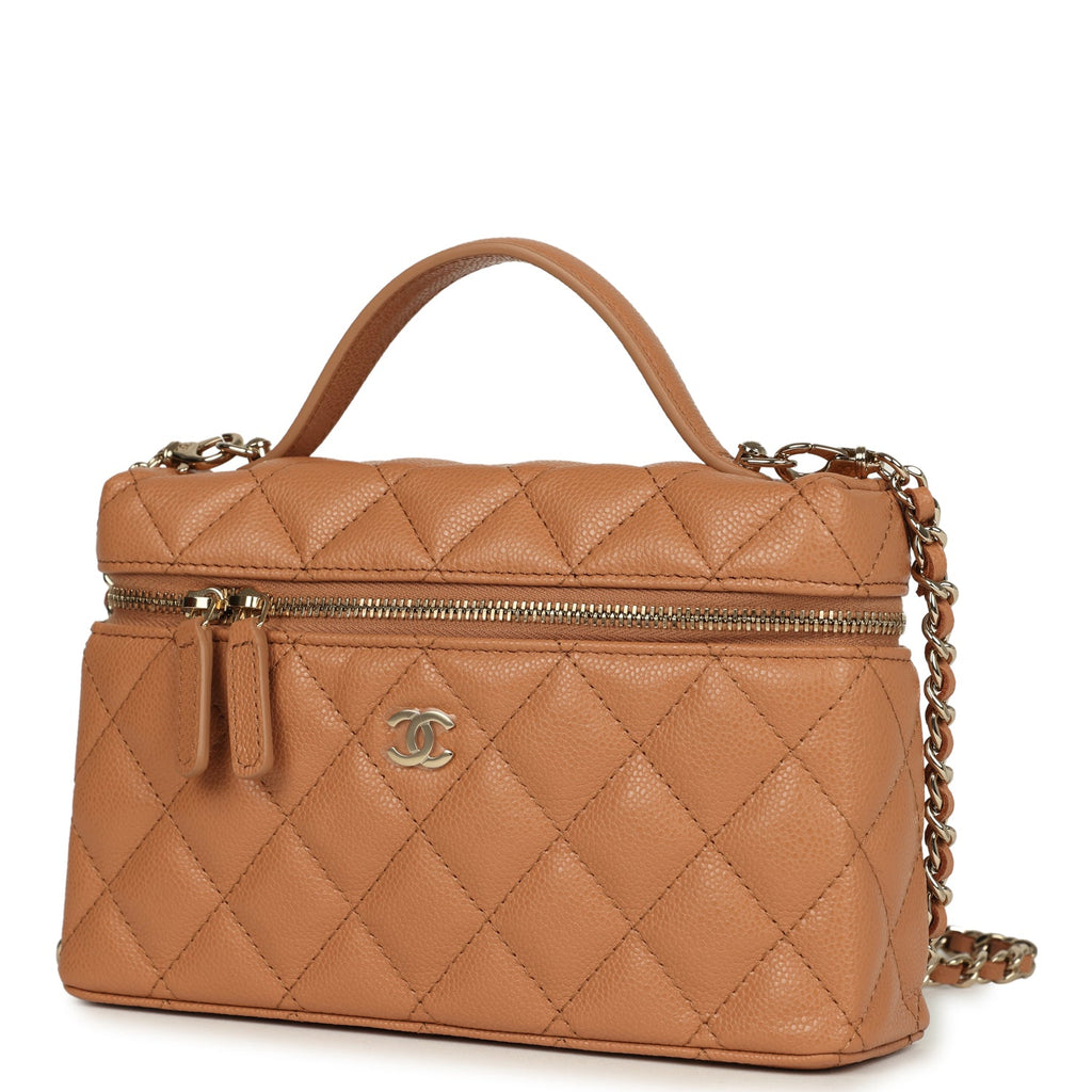 Top Handle Long Vanity Case with Chain Dark Beige Shiny Caviar Light Gold Hardware