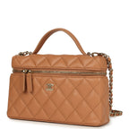 Top Handle Long Vanity Case with Chain Dark Beige Shiny Caviar Light Gold Hardware