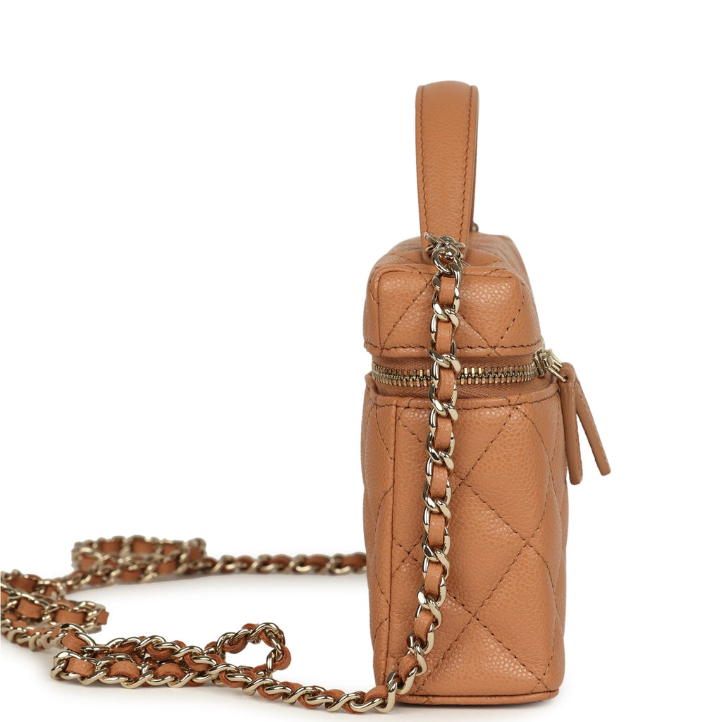 Top Handle Long Vanity Case with Chain Dark Beige Shiny Caviar Light Gold Hardware