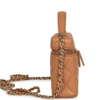 Top Handle Long Vanity Case with Chain Dark Beige Shiny Caviar Light Gold Hardware