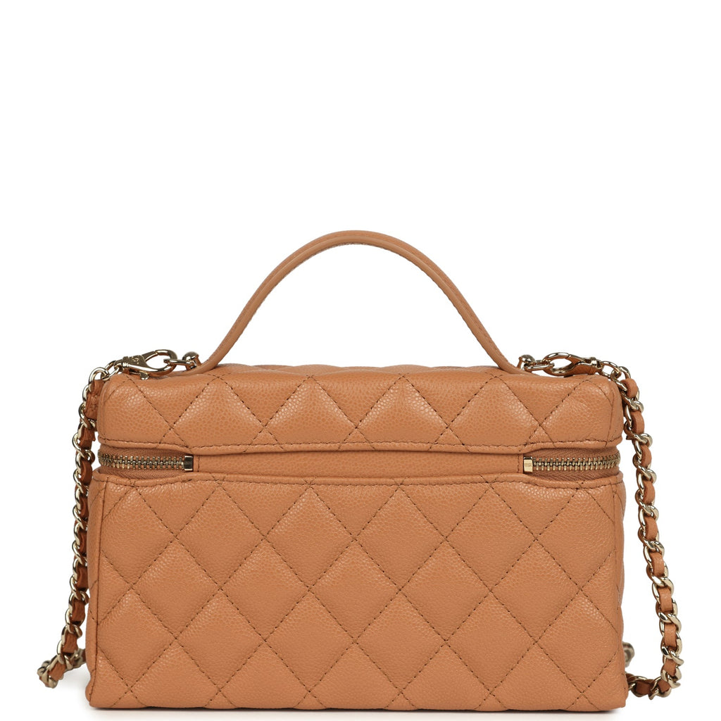 Top Handle Long Vanity Case with Chain Dark Beige Shiny Caviar Light Gold Hardware