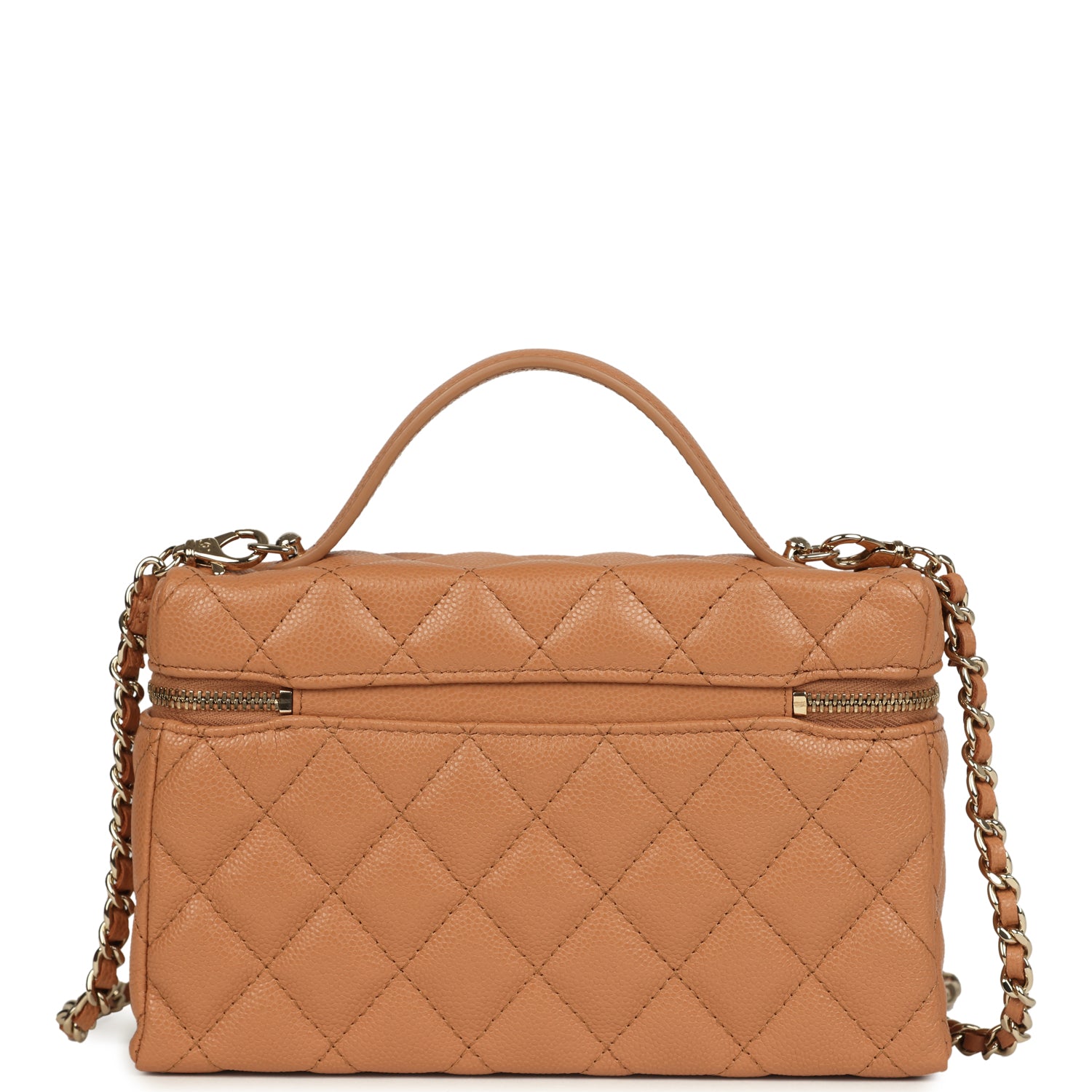Top Handle Long Vanity Case with Chain Dark Beige Shiny Caviar Light Gold Hardware