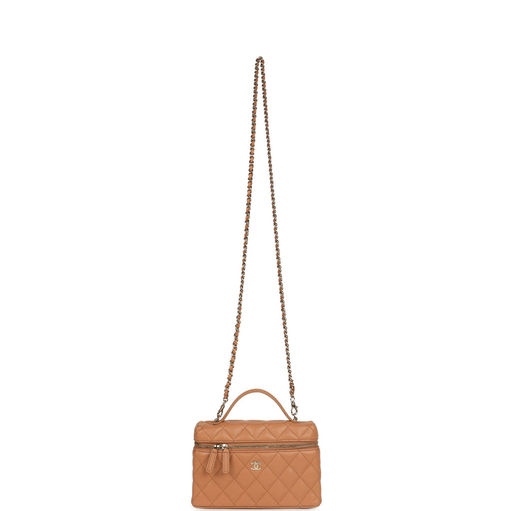 Top Handle Long Vanity Case with Chain Dark Beige Shiny Caviar Light Gold Hardware